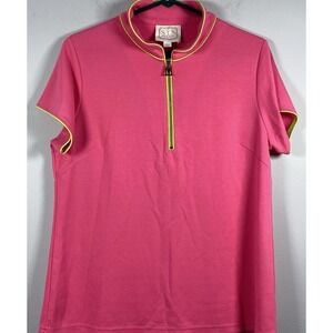 Sail To Sable Womens L Pink Green Trim Polo‎ Top Shirt Polyester STS 1/4 Zip